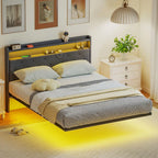 Floating Bed Frame, Upholstered 4ft6 Double Size Bed, Platform Bed with RGB LED Lights and Charging Station, Grey
