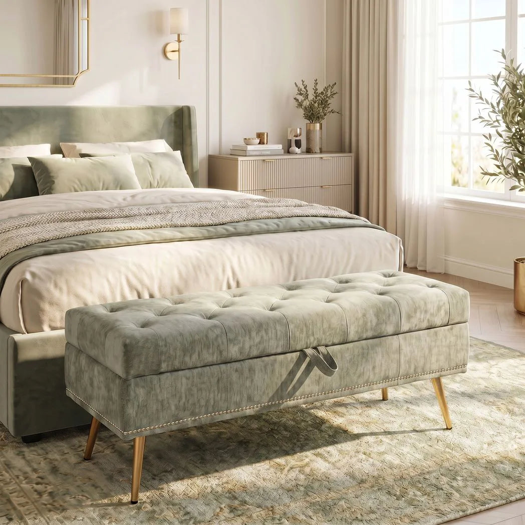 Storage Ottoman, Chenille Upholstered Ottoman Storage Box with Padded Seat, Metal Legs, 114 x 41 x 45 cm, Light Green