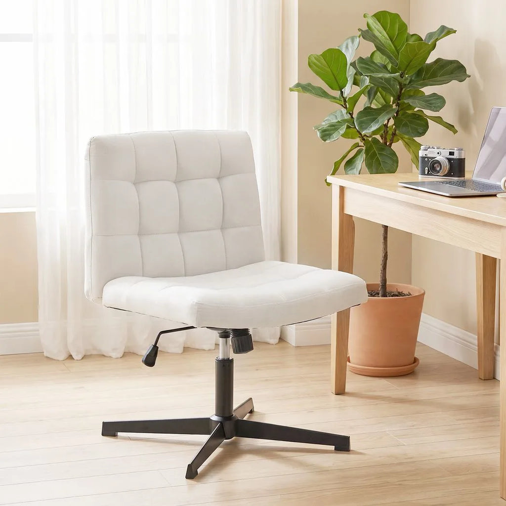 Armless Office Chair, Cross Legged Linen Computer Desk Vanity Chair with Wide Seat, Rocking Function, Beige