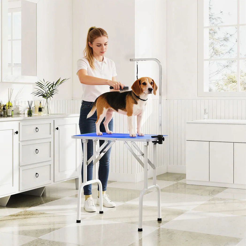PawHut 32" Foldable Dog Grooming Table Pet Drying Beauty Table Adjustable Fixed Arm Rubber Top, Blue
