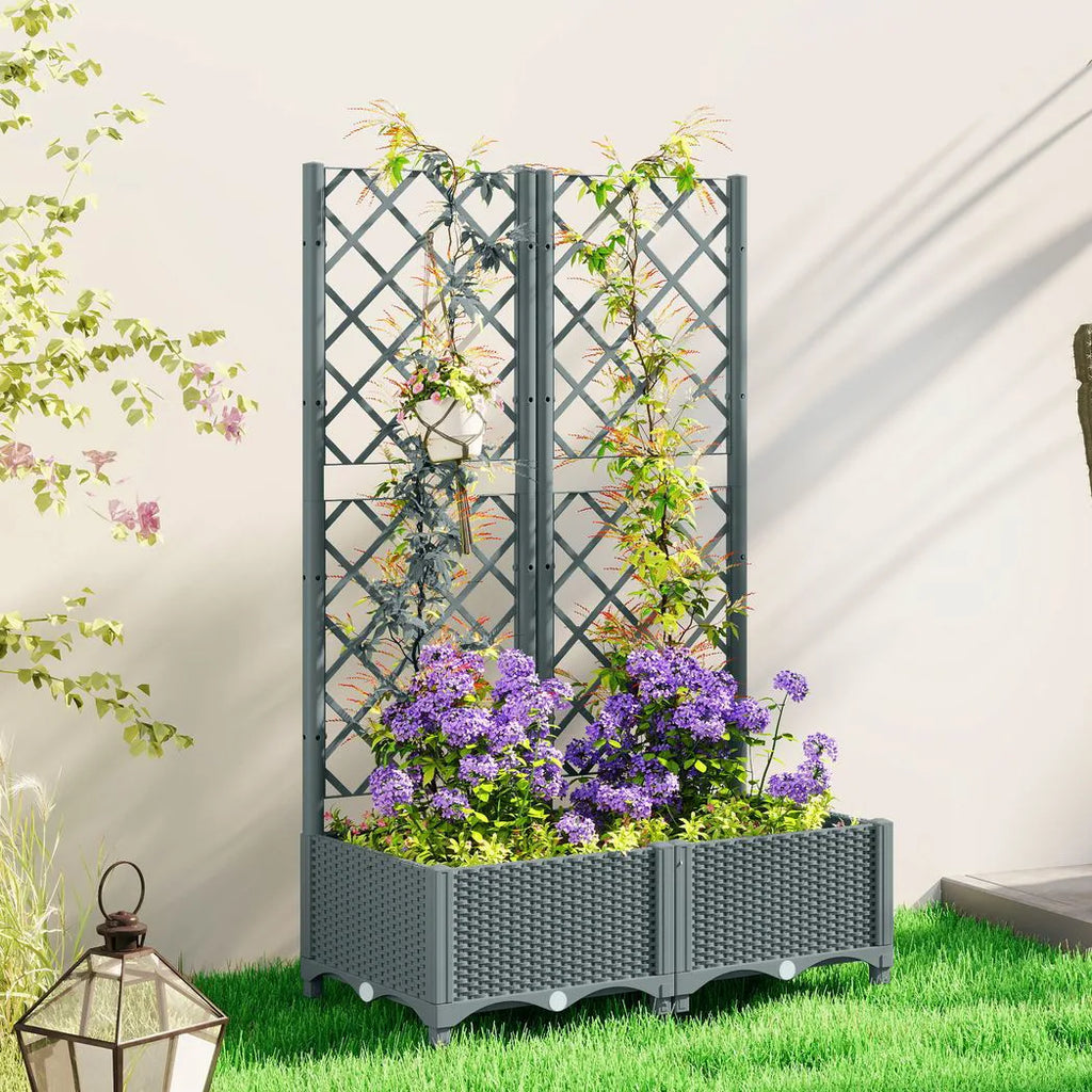 Outsunny Raised Garden Bed with Trellis, Plastic Planter Box with Drainage Holes, Drain Plugs and Water Reservoirs for Climbing Plants, Vegetables, Flowers, Grey