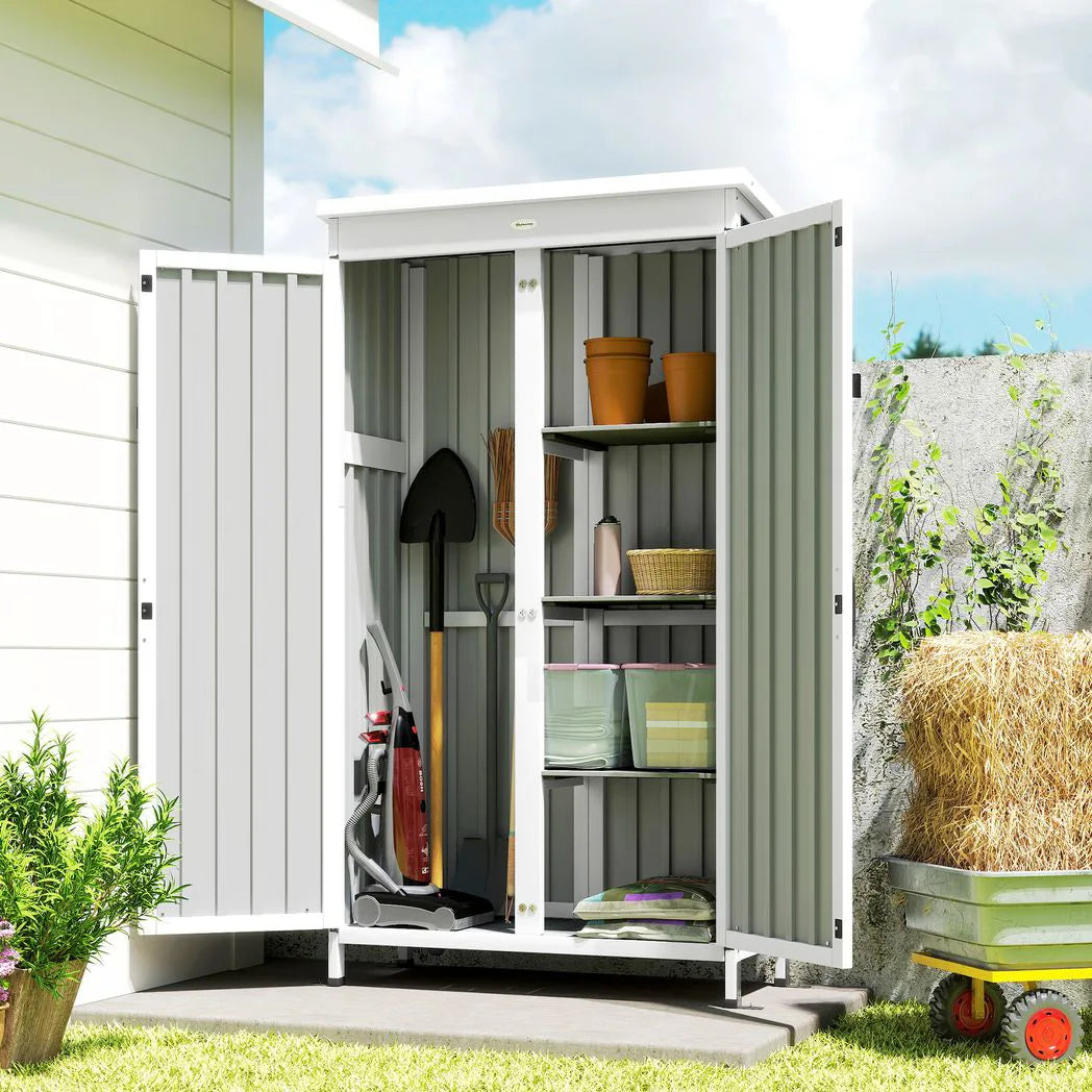 Outsunny Outdoor Storage Cabinet with Removable Shelves, Garden Tool Shed with Asphalt Roof, White and Black