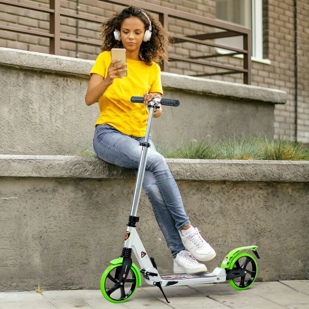 Folding Kick Scooter, Adjustable Ride On Scooter with 200mm Big Wheels and Double Shock Absorption, Urban Scooter for 14 Teens Adult, Green