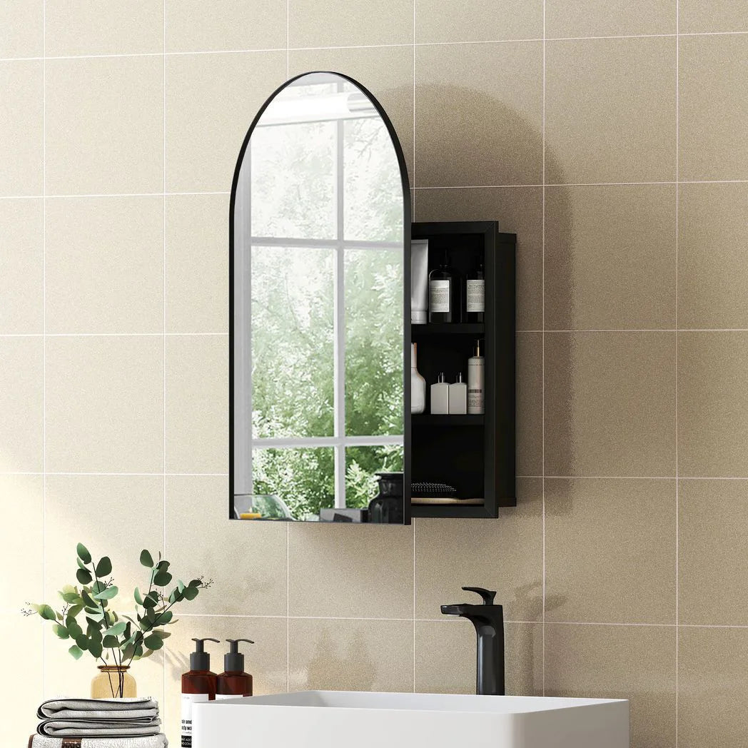 Bathroom Mirror Cabinet with Mirror, Arched Wall Mounted Bathroom Cabinet with Storage Shelves, Black