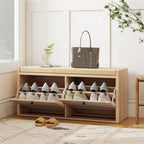 Rattan Shoe Bench with Padded Cushion and 2 Cabinets for Hidden Storage, Oak Wood Effect