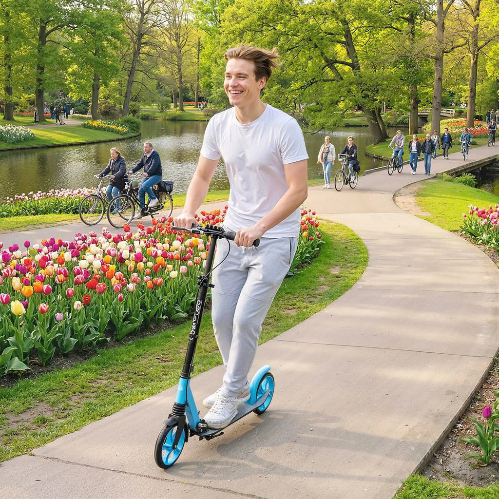 One-click Folding Kick Scooter for 14 w/ Adjustable Handlebar, Push Scooter with Kickstand, Dual Brake System, Blue
