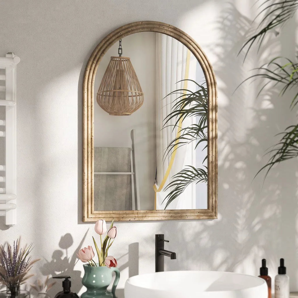 Arched Wall Mirror with Grooved Frame — Brown, 50 × 70cm