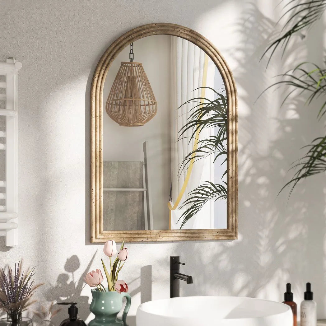 Arched Wall Mirror with Grooved Frame — Brown, 50 × 70cm