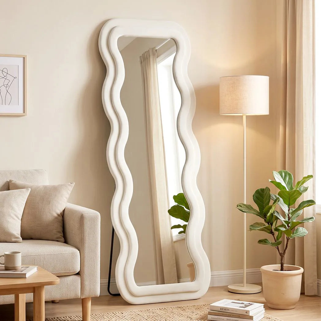 Full Length Mirror, 160 x 60 cm Wavy Full Body Wall Standing Mirror with Velvet Frame and Tempered Glass, Cream White