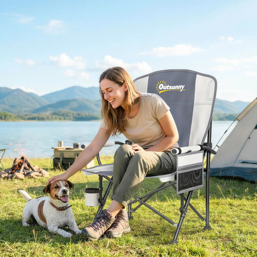 Outsunny Padded Camping Chair Adults Heavy Duty Folding Chair Side Pocket Cup Holder Carry Bag Outdoor Light Grey