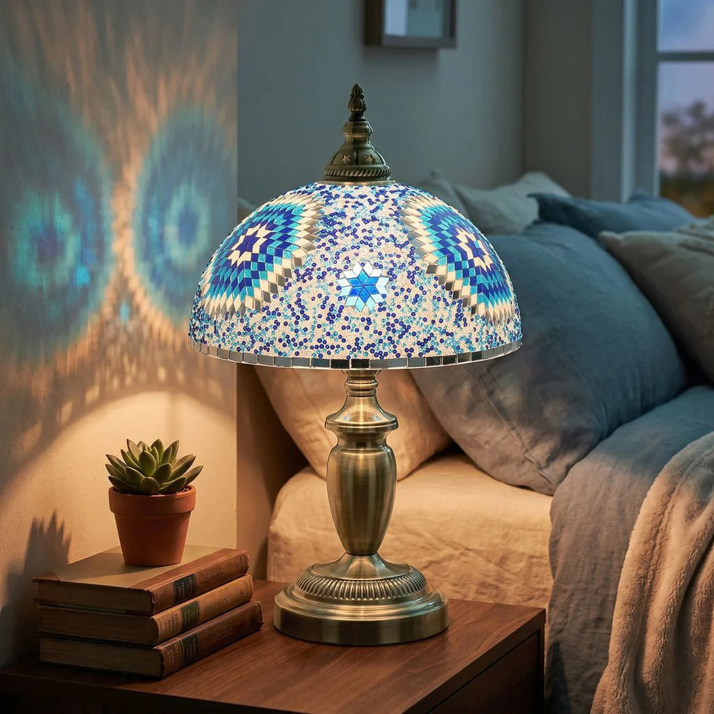 30cm Tiffany Lamp, Stained Glass Bedside Table Lamp with Button Switch and Metal Base, Blue