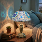 30cm Tiffany Lamp, Stained Glass Bedside Table Lamp with Button Switch and Metal Base, Blue