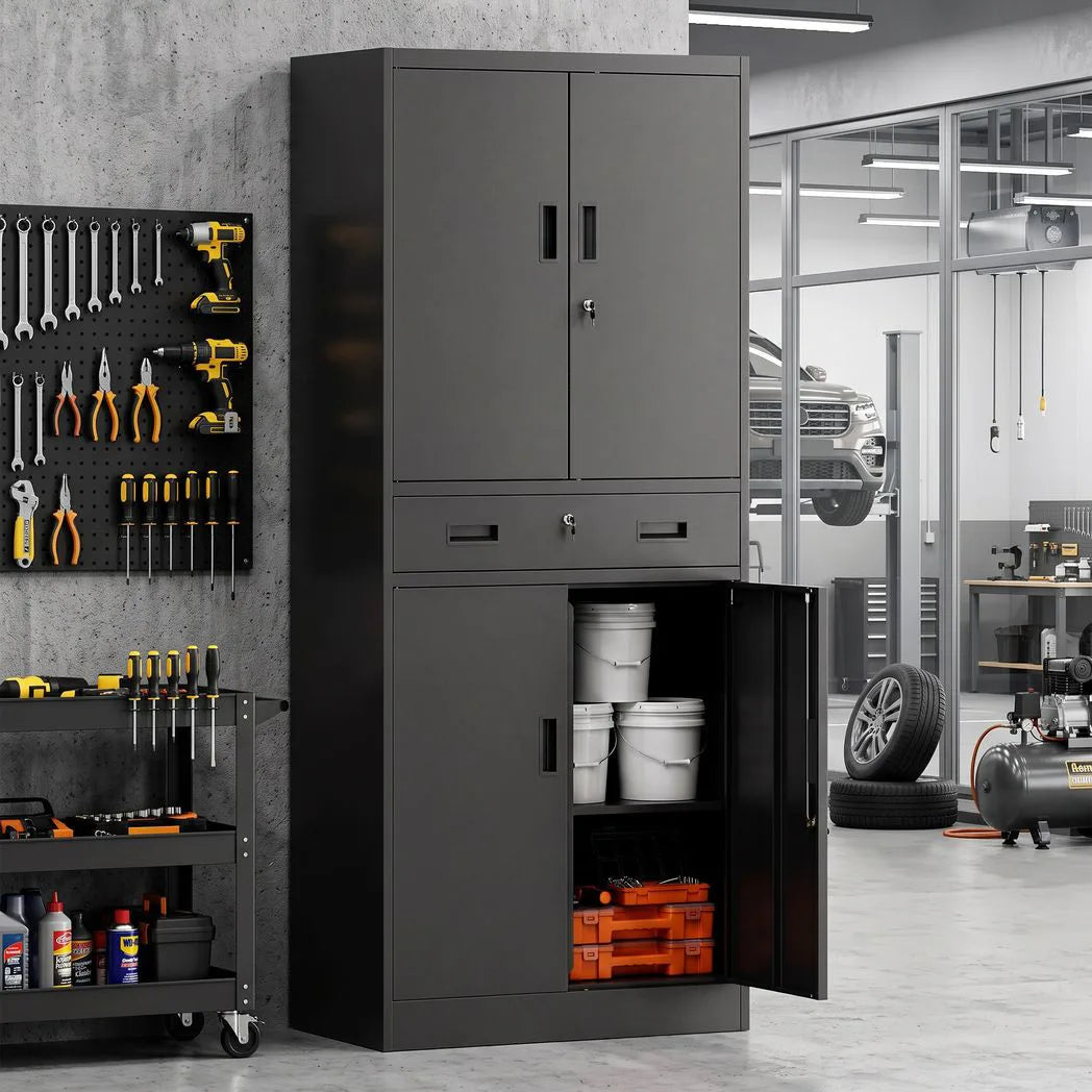 Metal Storage Cabinet, 180cm Tall Tool Cabinet with Locking Doors, Drawer and Adjustable Shelves, Black