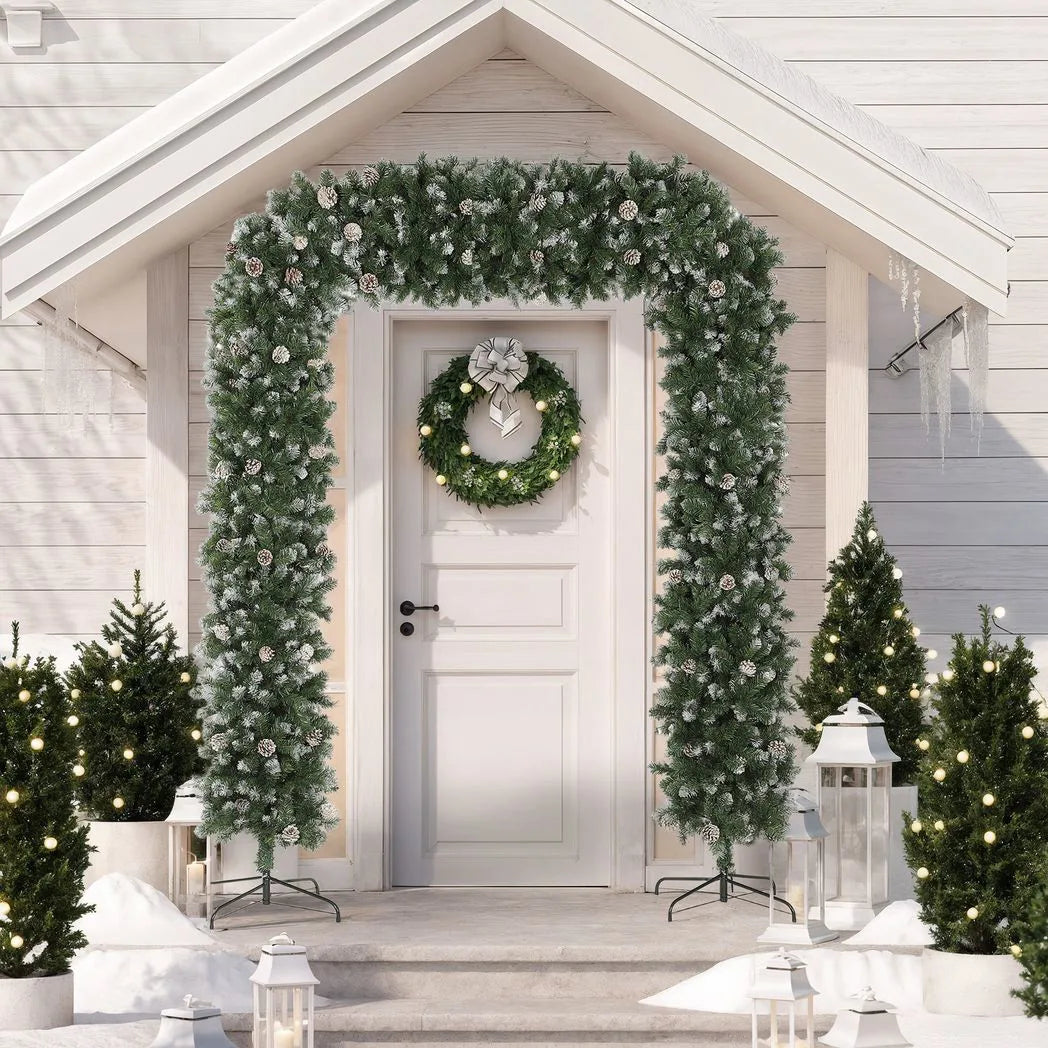 HOMCOM 8.2 ft Snow Frosted Christmas Tree Arch, Christmas Arch Doorway Decor with 1800 Tips and 91 Pinecones, Artificial Xmas Tree with Metal Stand for Indoor, Green