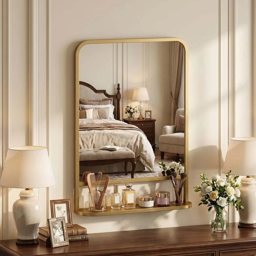 Modern Rectangular Wall Mirror with Storage Shelf, 70 x 50 cm, Gold Tone