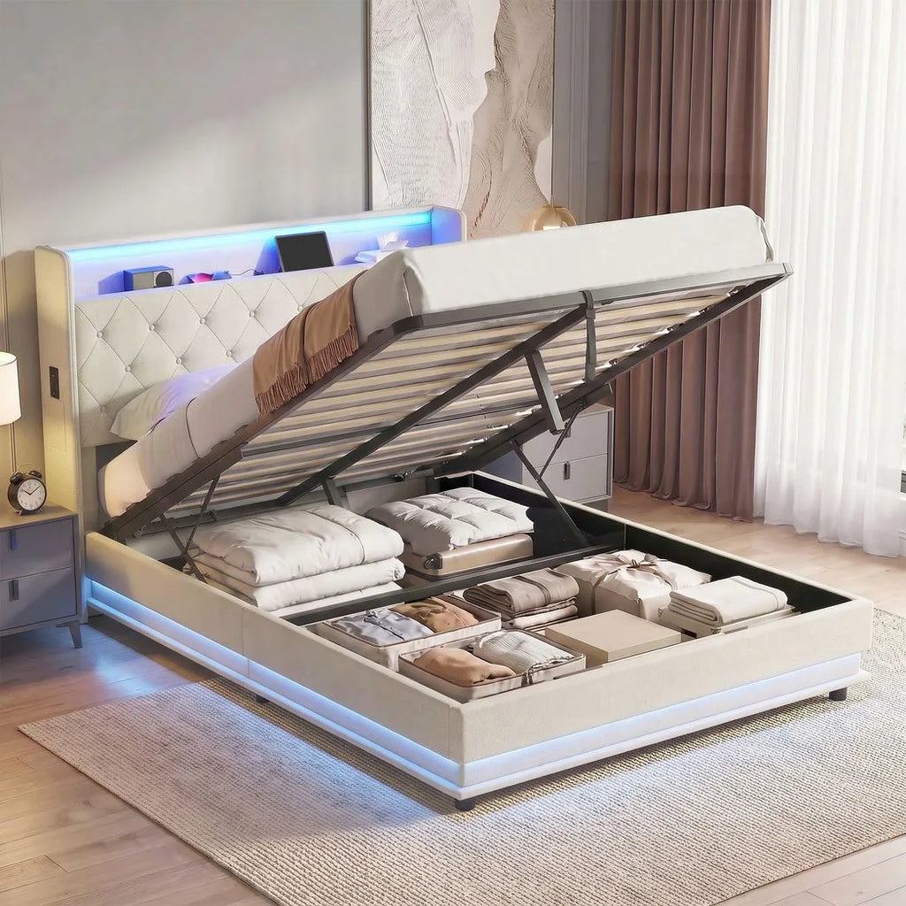 4ft6 Double Bed Frame with Headboard, Platform Bed Frame with Hydraulic Storage, LED Lights and Charging Station, Cream