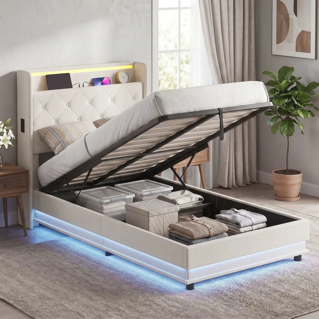 3ft Single Bed Frame with Headboard, Platform Bed Frame with Hydraulic Storage, LED Lights and Charging Station, White