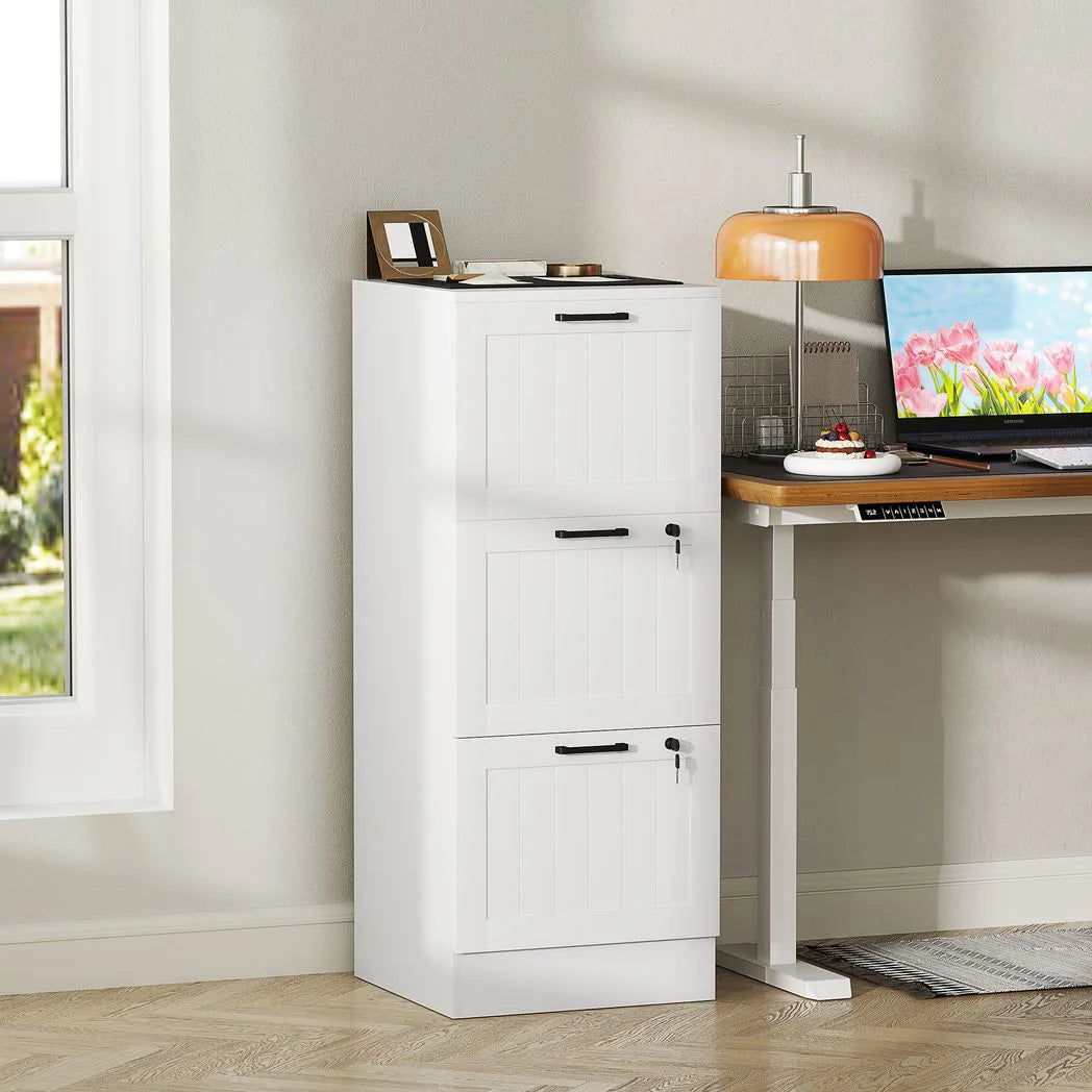 HOMCOM 3 Drawer Filing Cabinet with Lock, Office Storage Cabinet with Adjustable Hanging Bars for A4 Letter Size Files, White