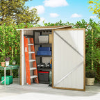 Outsunny 3.3 x 3.4ft Lean To Steel Garden Shed, with Locking Door - Light Brown Wood Effect/White