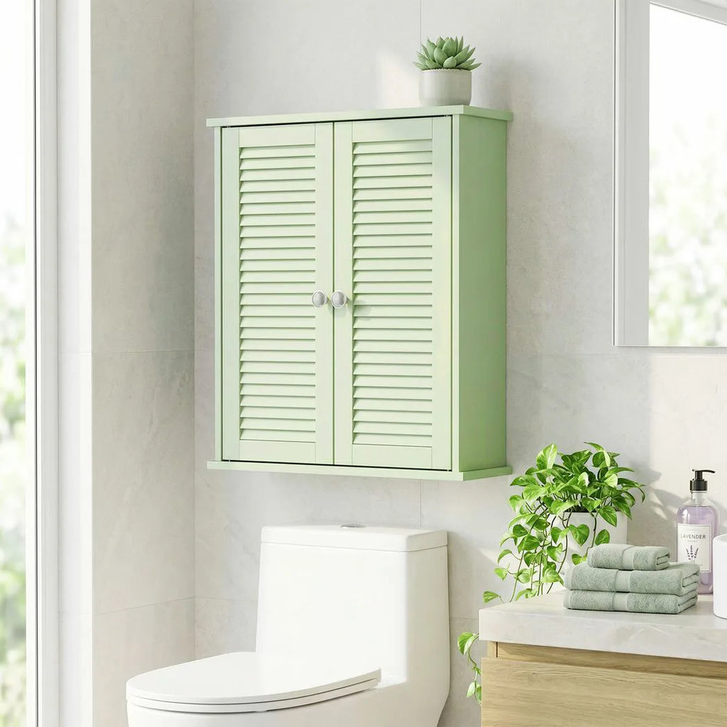 Bathroom Cabinet, Bathroom Wall Cabinet with Louvered Doors and Adjustable Shelf Storage for Kitchen, Light Green