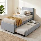 3ft Single Bed Frame with Trundle, Upholstered Pull Out Trundle Bed with Headboard and Footboard, Light Grey