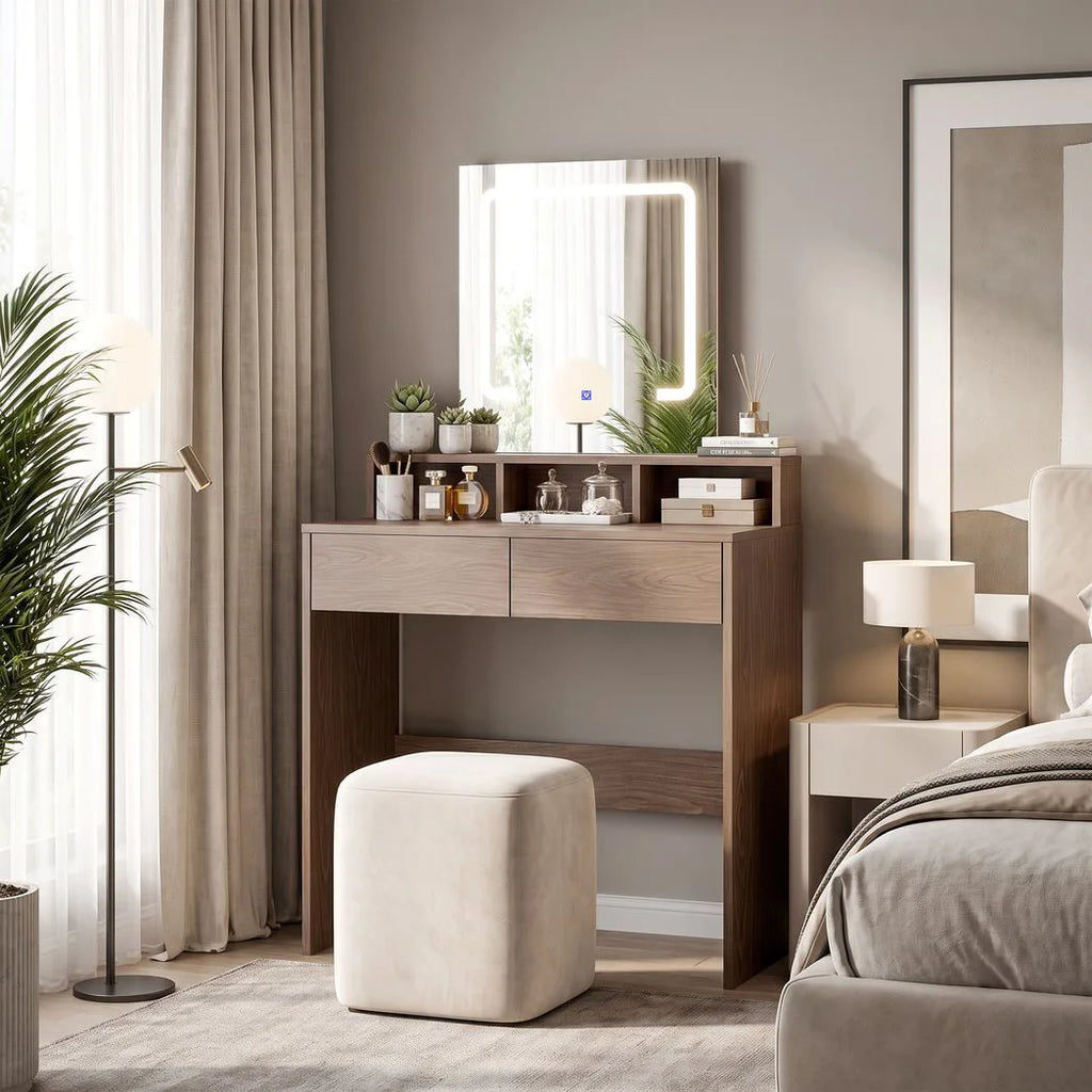 Vanity Table, Dressing Table with Mirror, LED Lights, 2 Drawers, 3 Compartments, 3 Colour Lighting, Walnut
