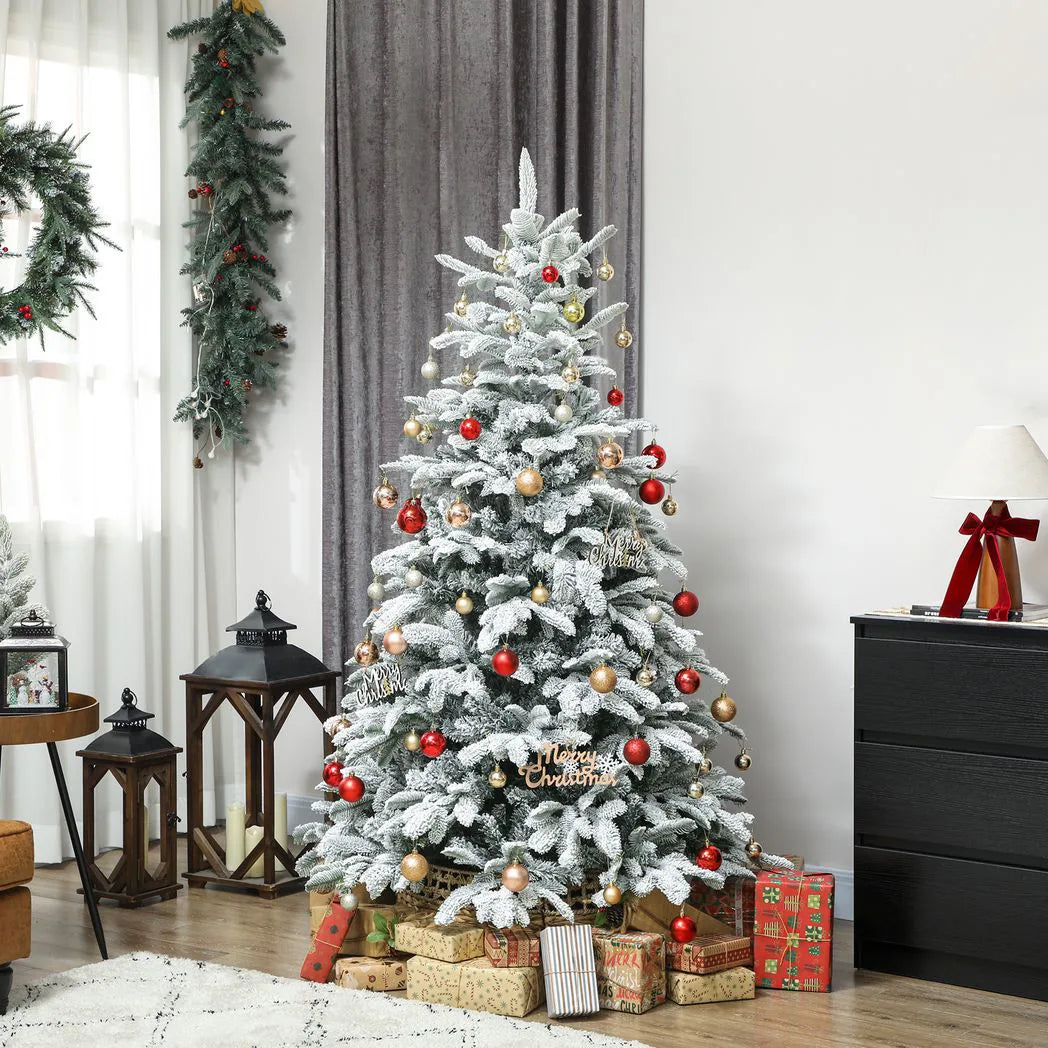 HOMCOM 6 ft Artificial Flocked Christmas Tree with 1182 Branches, Hinged Xmas Tree with Foldable Metal Stand, Easy Assembly for Home Office Decor