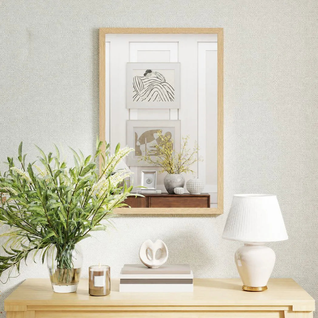 Wall Bathroom Mirror, 60 x 40 cm Wall-Mounted Mirror for Living Room, Bedroom, Hallway, Natural Wood Finish