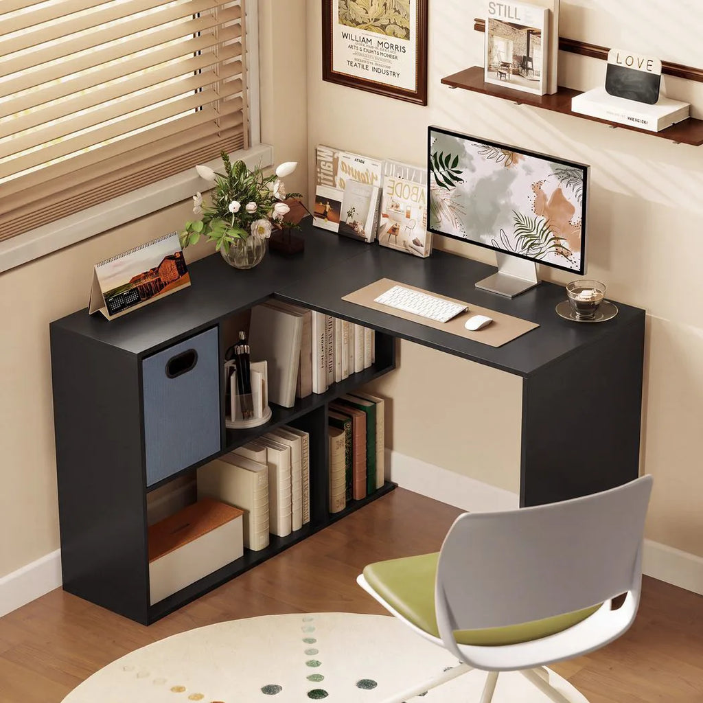 110 cm L-Shaped Desk, Small Computer Desk with Fabric Drawer and Storage Shelves for Home Office, Study, Black