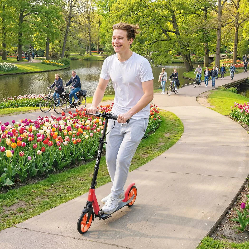 One-click Folding Kick Scooter for 14 w/ Adjustable Handlebar, Push Scooter with Kickstand, Dual Brake System, Red