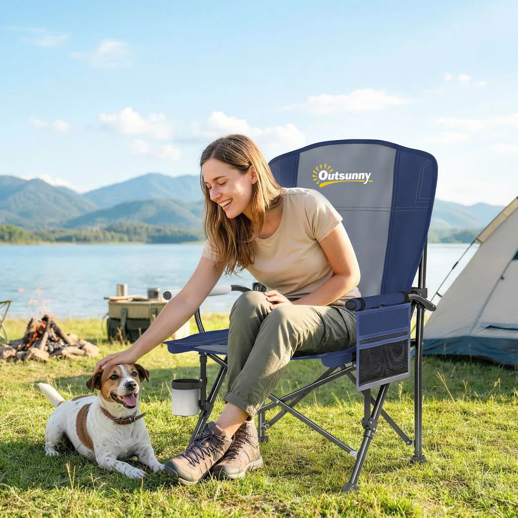 Outsunny Padded Camping Chair Adults Heavy Duty Folding Chair Side Pocket Cup Holder Carry Bag Outdoor Dark Blue