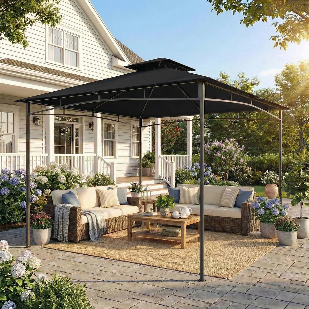 Outsunny 3 x 3 m Gazebo, Garden Gazebo with 2-Tier Roof, Metal Frame, Black