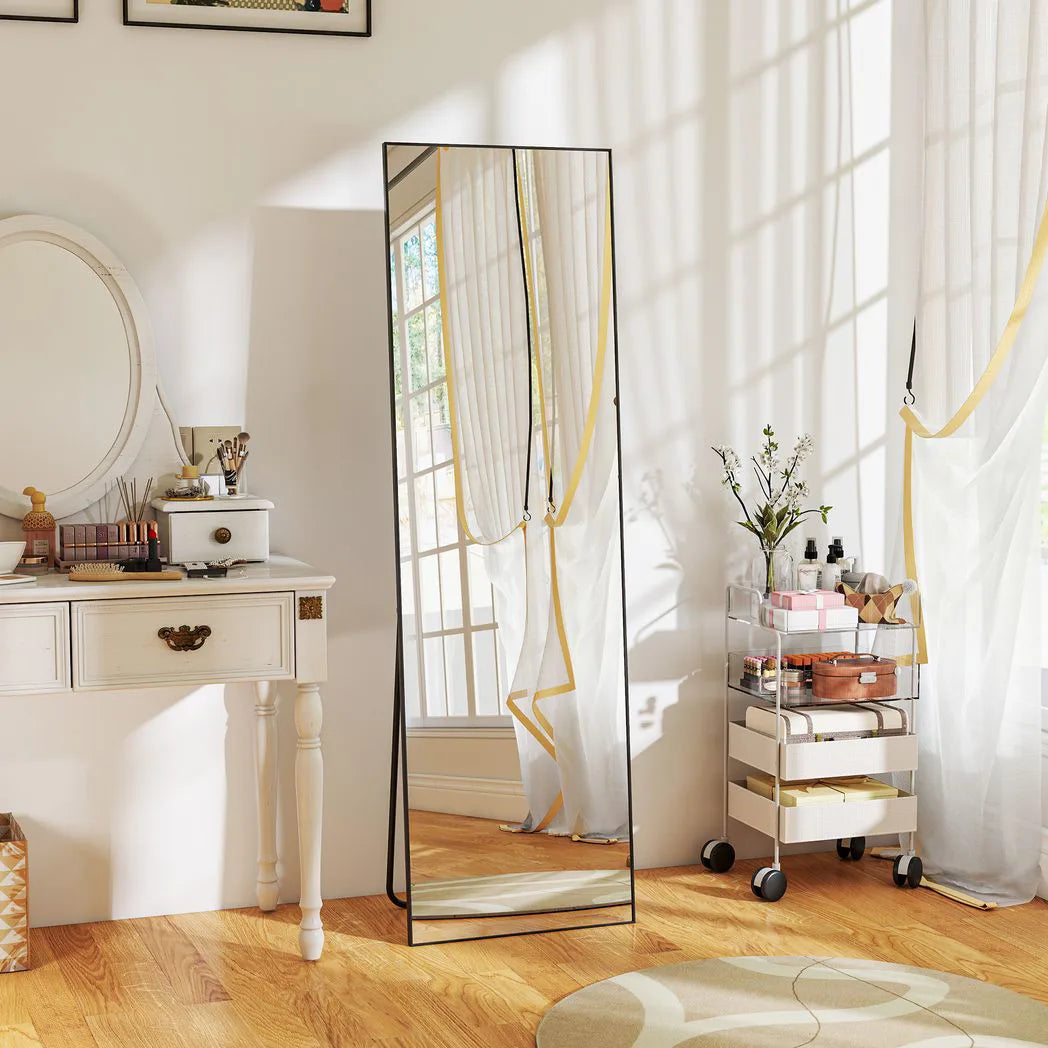 Full Length Mirror, Aluminium Alloy Framed Full Body Mirror with Tempered Glass, Standing or Wall Hanging, Black