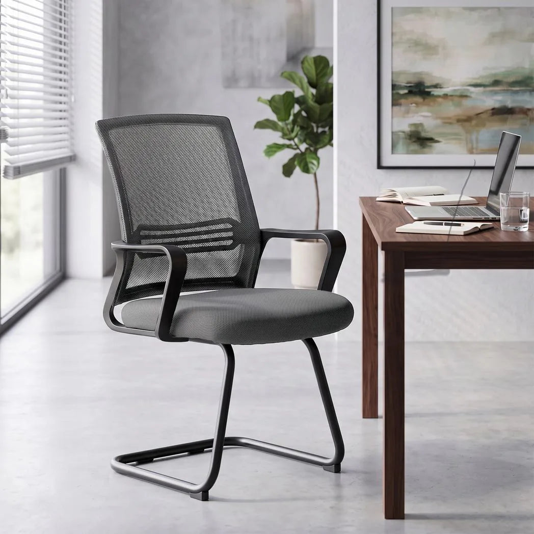 HOMCOM Padded Meeting Office Chair, Ergonomic Desk Chair No Wheels with Sled Base for Bedroom, Waiting, Reception, Dark Grey