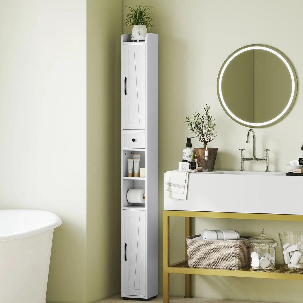 Tall Bathroom Cabinet, Farmhouse Slim Bathroom Storage Cabinet with Barn Doors, Toilet Paper Roll Holder, Drawer and Adjustable Shelves, Narrow Bathroom Storage Unit, 20 x 20 x 185cm, White