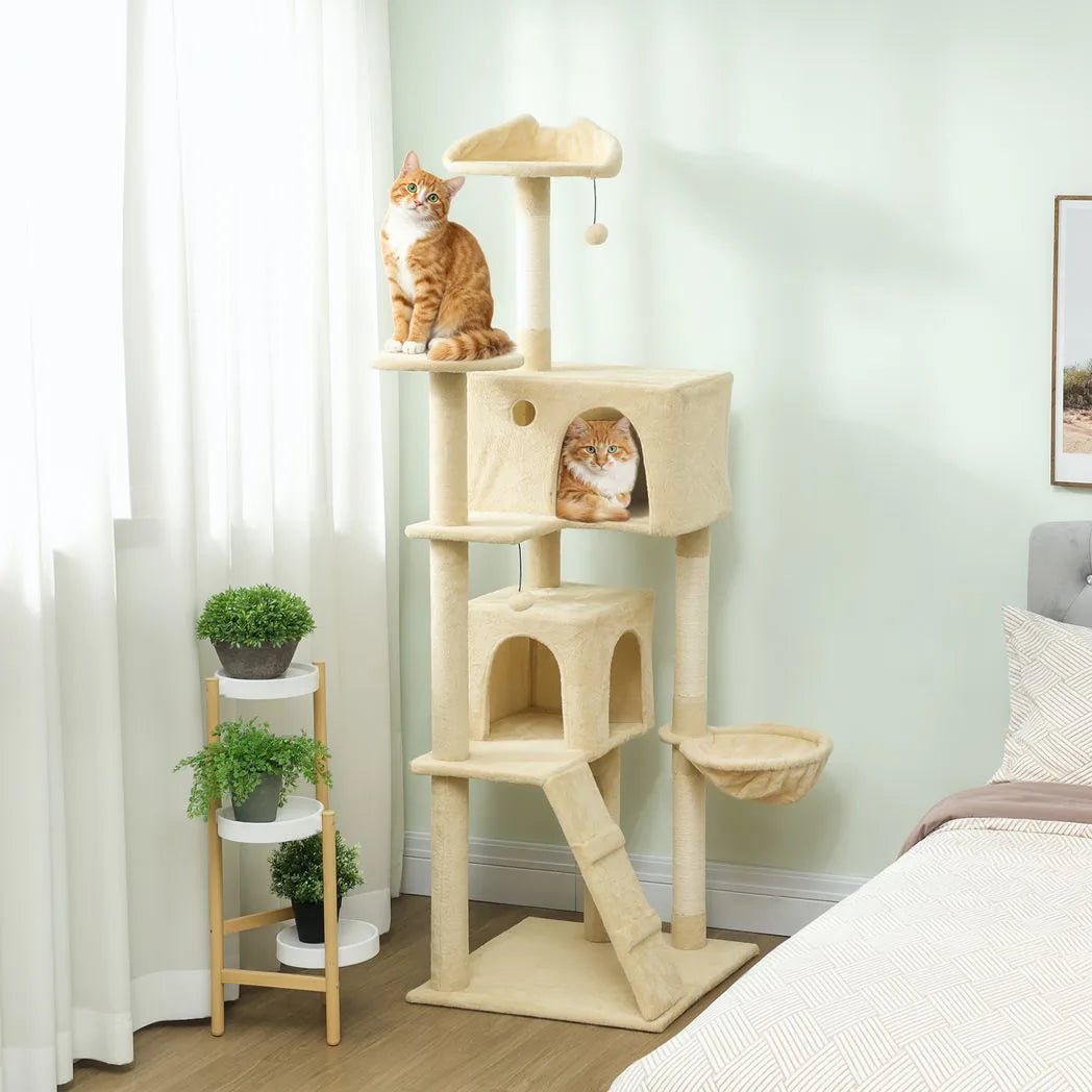 PawHut 180cm Large Cat Tree Tower with Sisal Scratching Posts, Condos, Plush Perches, Hammock, Ladder, Beige