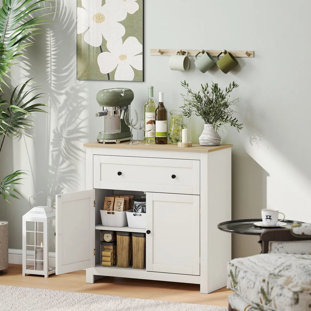 Sideboard Storage Cabinet, Modern Kitchen Cupboard with Adjustable Shelf, Drawer and Double Doors, Cream White