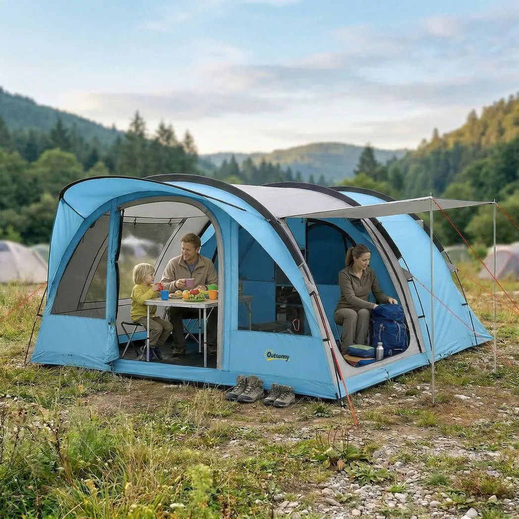 Outsunny 4 Person Easy Setup Family Camping Tent with 2 Rooms, Waterproof Tunnel Tent with Sewn In Groundsheet, Sky Blue & Grey