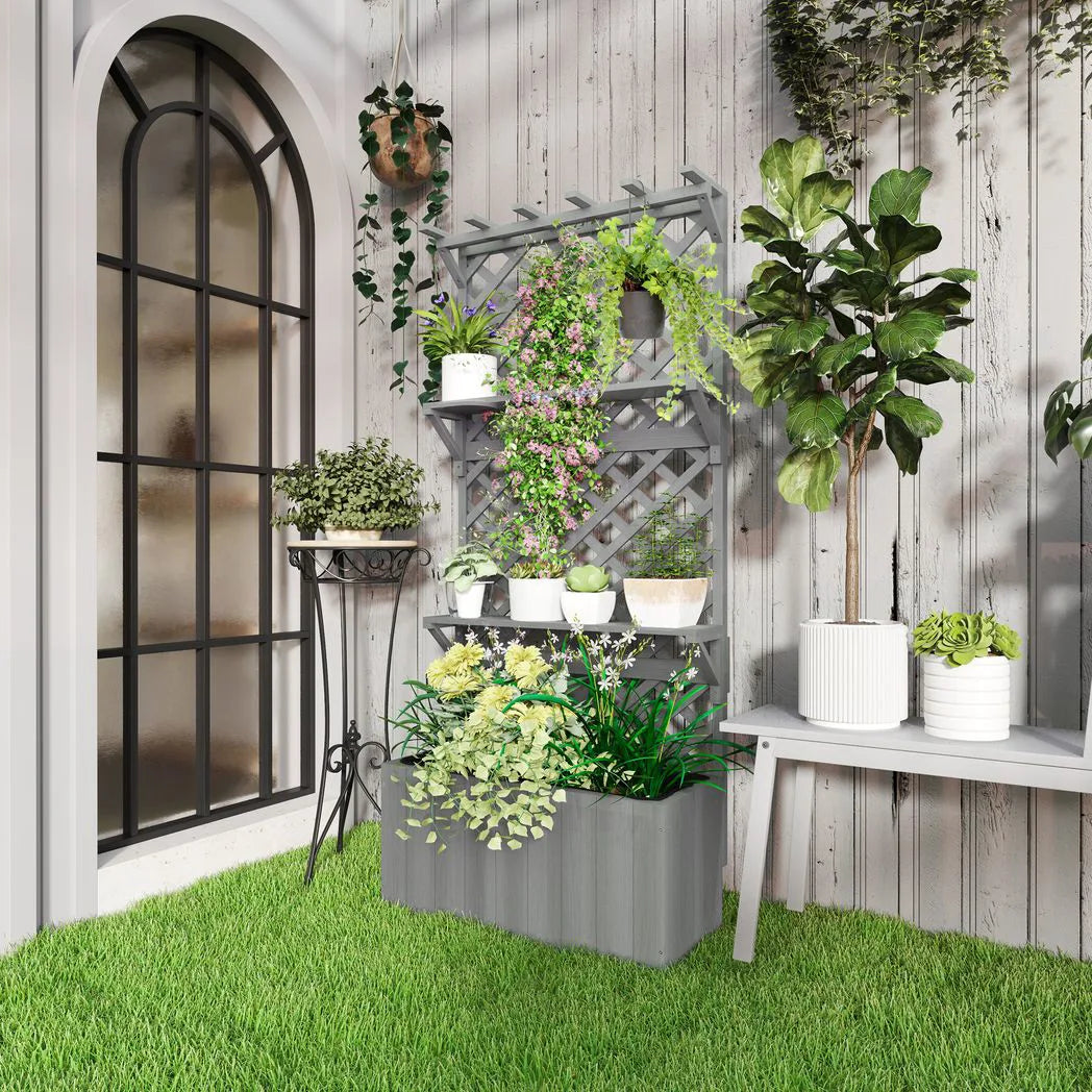 Outsunny 52L Wooden Planter, with Trellis and Shelves - Grey