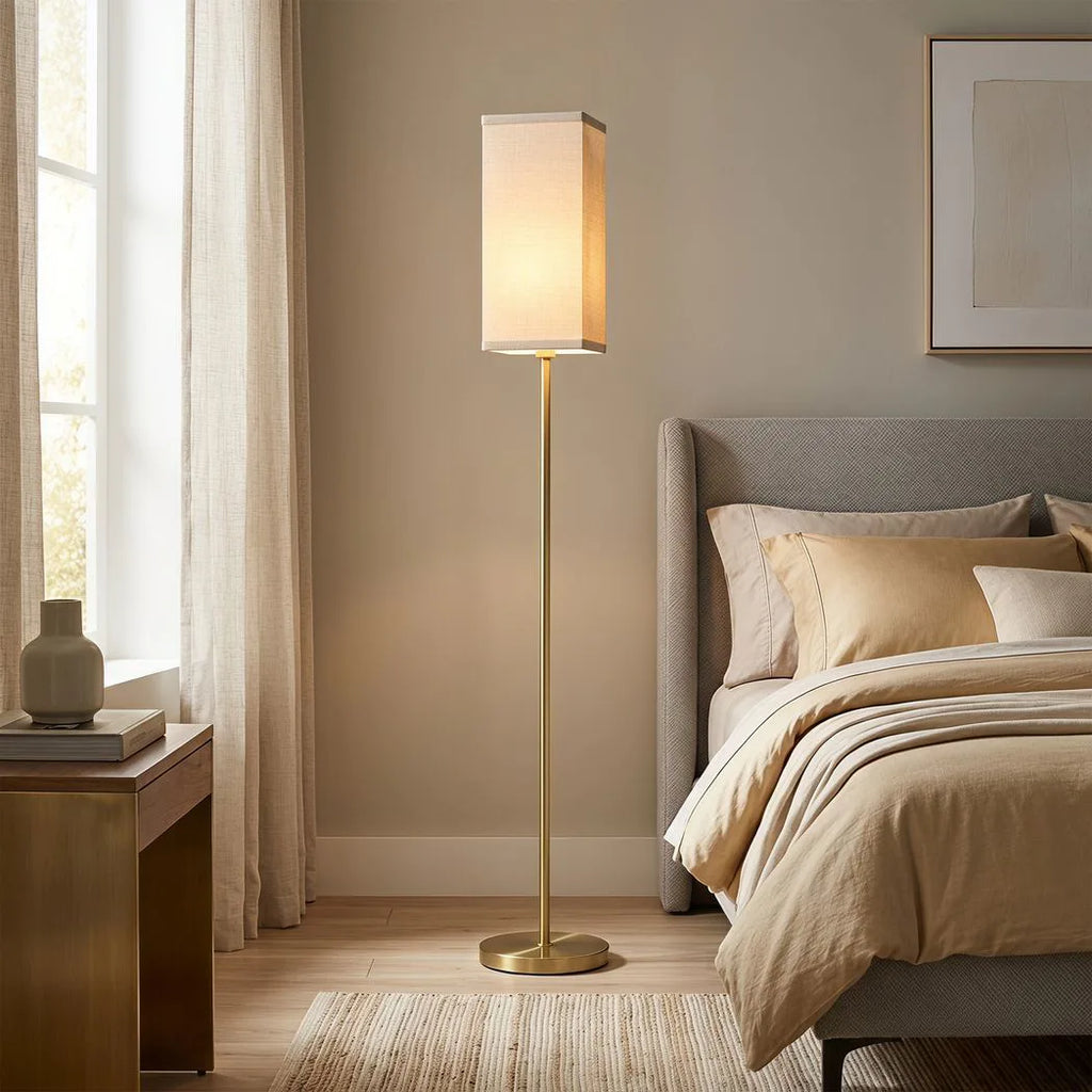 Floor Lamp, Modern Standing Lamp with Linen Shade and Foot Switch, Tall Lamps for Bedroom, Bulb not Included, Gold Tone