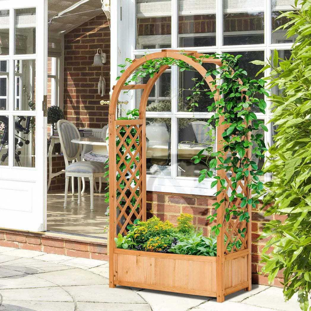 Outsunny Raised Garden Bed with Arch Trellis, Freestanding Garden Planter Box for Vine Climbing Plant Flower Herb, Brown