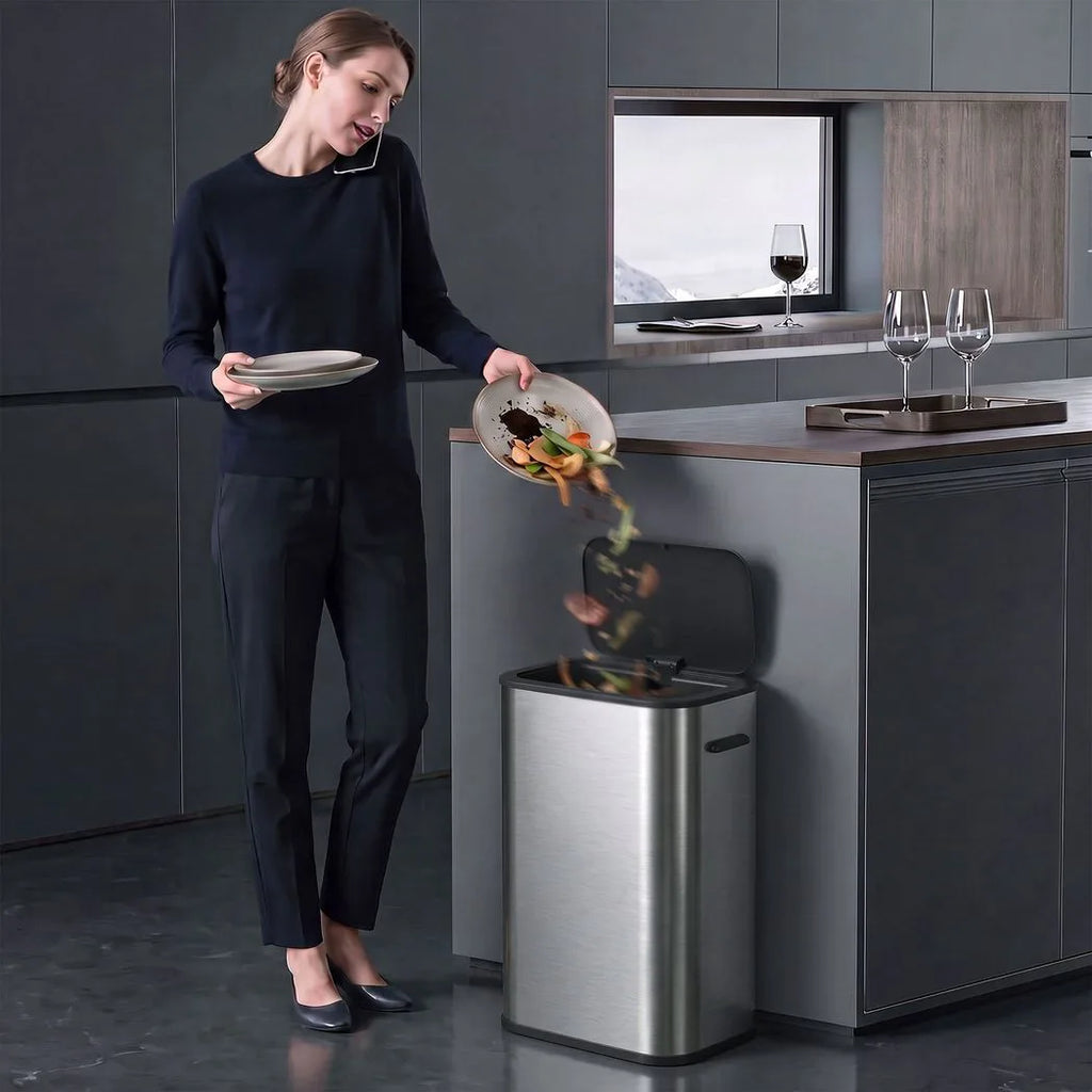 55L Sensor Bin for Kitchen, Touchless Automatic Waste Rubbish Bin, Stainless Steel, Battery Operated, Silver Tone