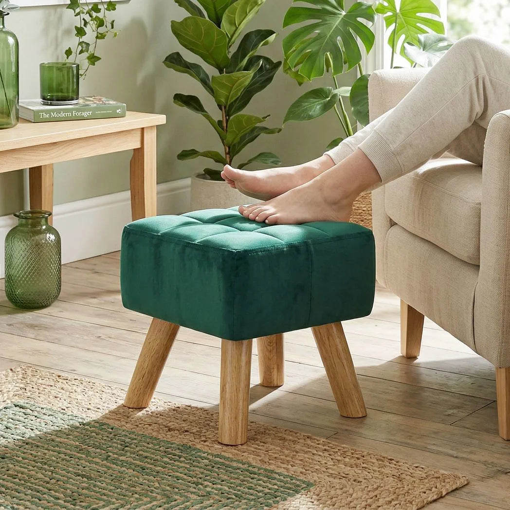 Velvet Square Padded Footstool - Dark Green
