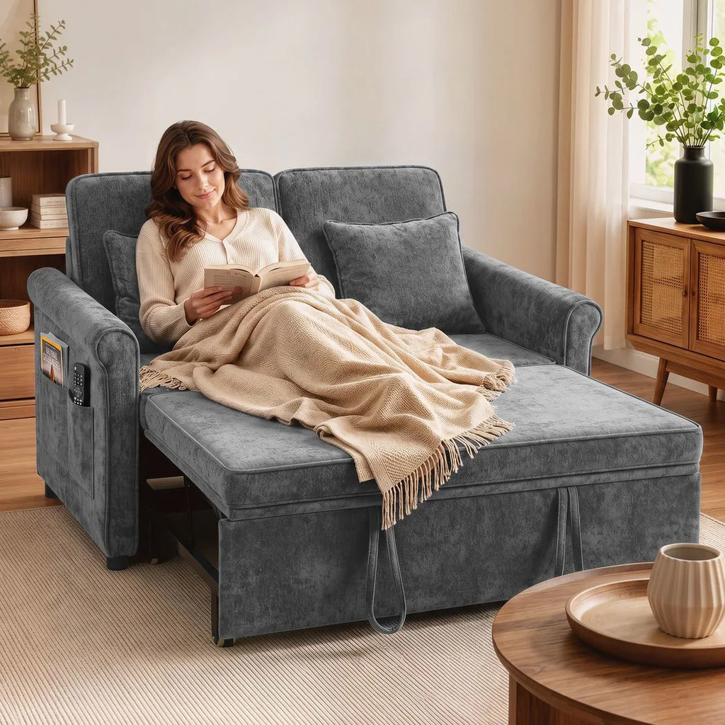 2 Seater Sofa Bed 3-in-1 Convertible Chenille Pull Out Sleeper Sofa with 5-Position Adjustable Backrest, Grey
