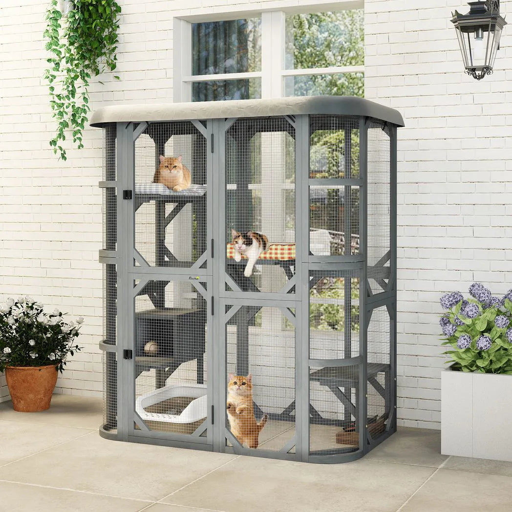 PawHut Catio Outdoor Cat Enclosure, Wooden Cat House with Platforms, Condo and Waterproof Cover for 2?3 Kittens, Grey
