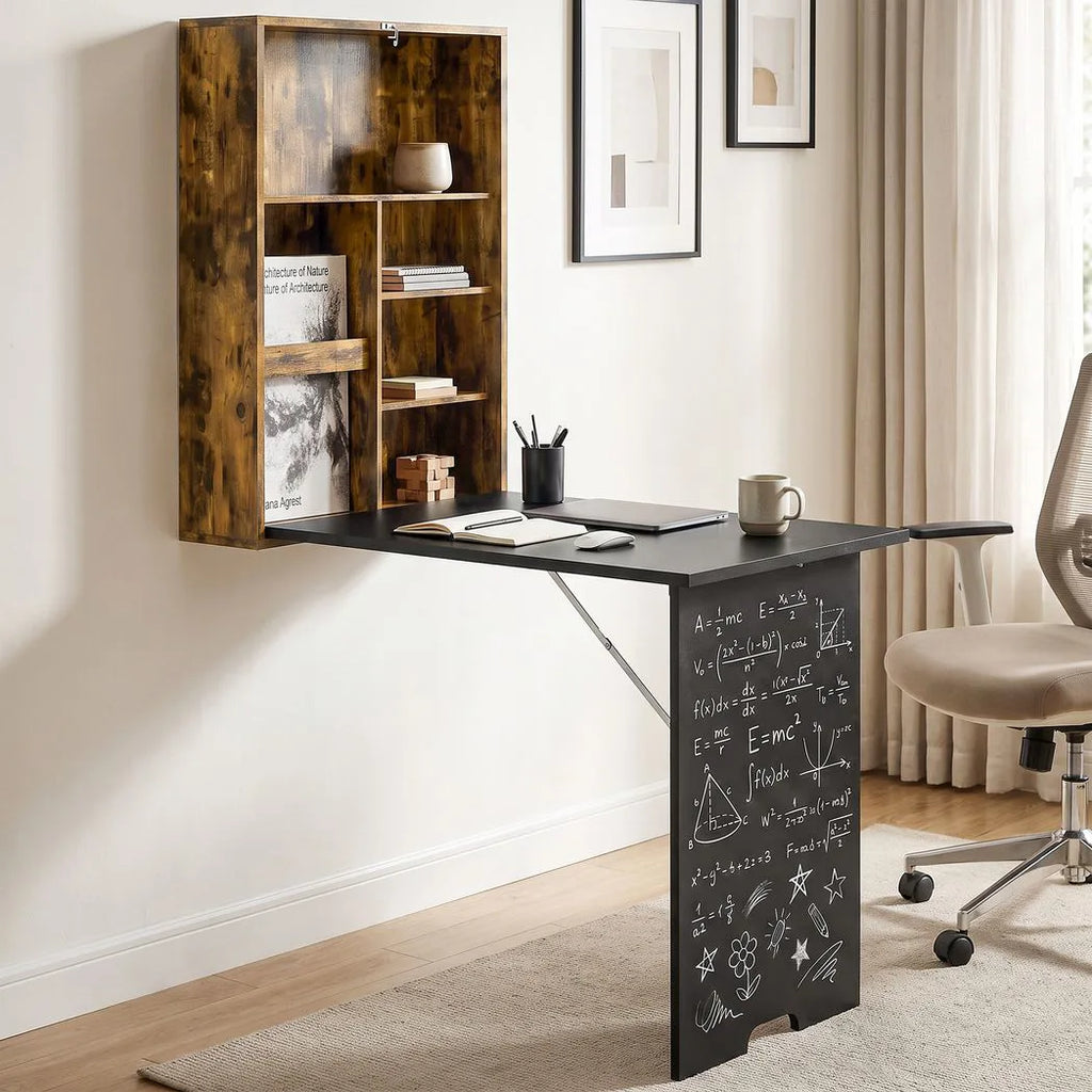 Folding Wall-Mounted Drop-Leaf Table, Convertible Wall Table With Chalkboard and Storage Shelf, Rustic Brown
