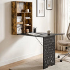 Folding Wall-Mounted Drop-Leaf Table, Convertible Wall Table With Chalkboard and Storage Shelf, Rustic Brown