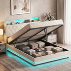 5ft King Bed Frame with Headboard, Platform Bed Frame with Hydraulic Storage, LED Lights and Charging Station, White