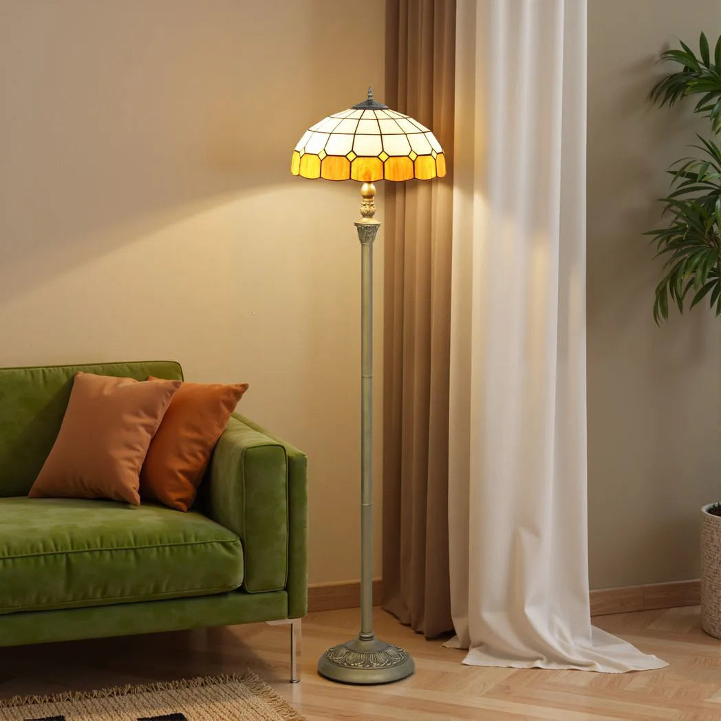 Tiffany-Style Floor Lamp with Handcrafted Stained Glass Shade, 152cm Tall Vintage Standing Lamp with Foot Switch and Dual Sockets for Living Room Bedroom, Bronze Tone and Orange