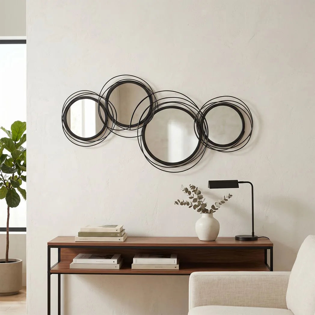 Metal Wall Art 56cm Modern Decorative Mirror Decor for Living Room Bedroom Dining Room, Black